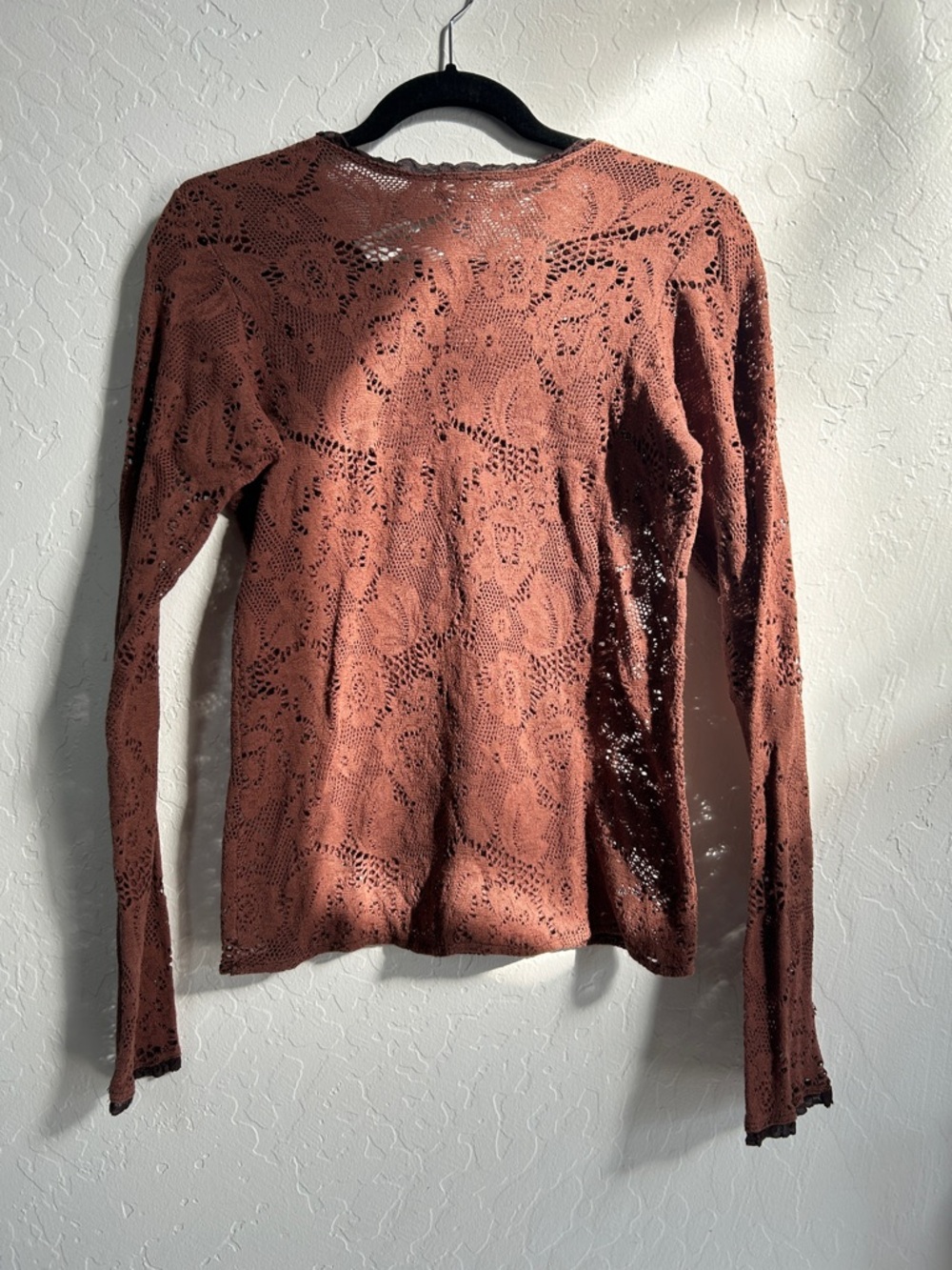 Brown Sheer Lace Long-Sleeve Scoop Neck Top - Picture 2 of 4